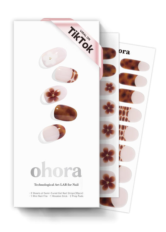 ohora semi cured gel nail strips N Tiki Tortoise box front for at-home kit