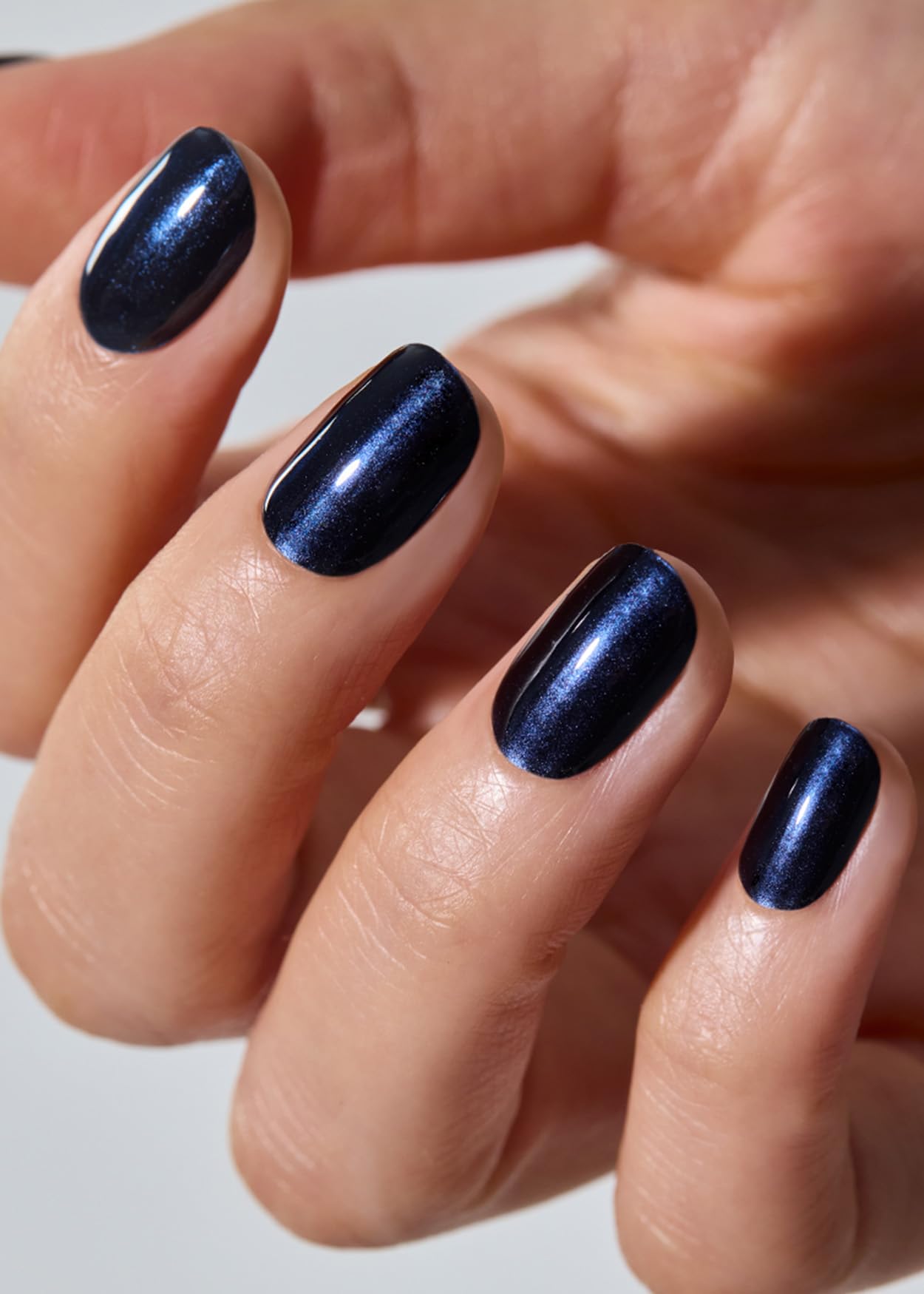 ohora navy chrome gel nail wraps closeup demonstrates metallic finish and precise fit