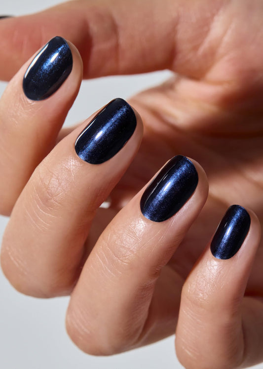 ohora navy chrome gel nail wraps closeup demonstrates metallic finish and precise fit