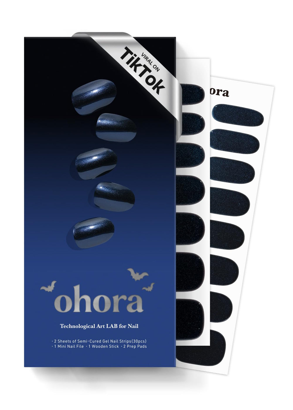 ohora navy chrome gel nail strips pack shown for salon-quality nails at home