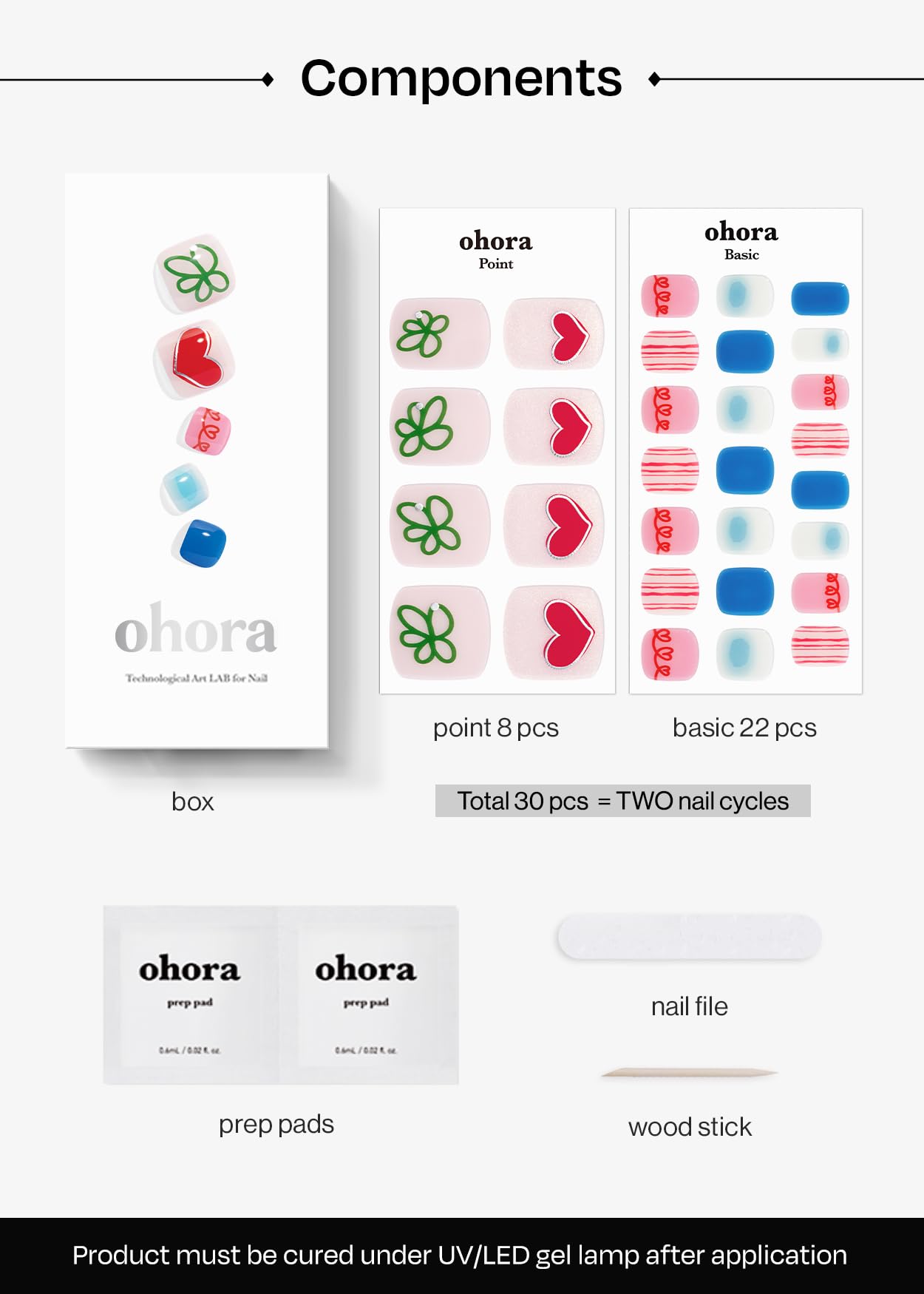 ohora Semi Cured Gel Pedi Strips include prep pads, nail file, and wooden stick for prep and removal