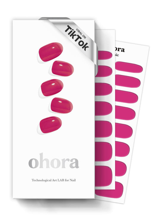 ohora semi cured gel nail strips close-up showing reddish pink tint for chic nails