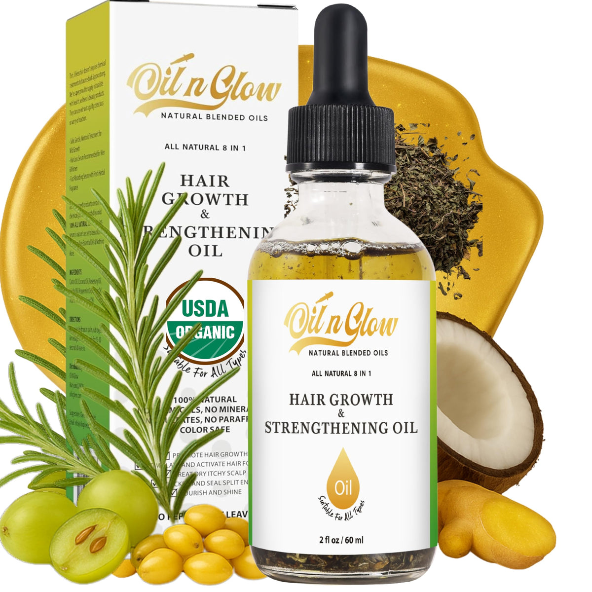 OilnGlow 9-in-1 serum bottle pour for even application.
