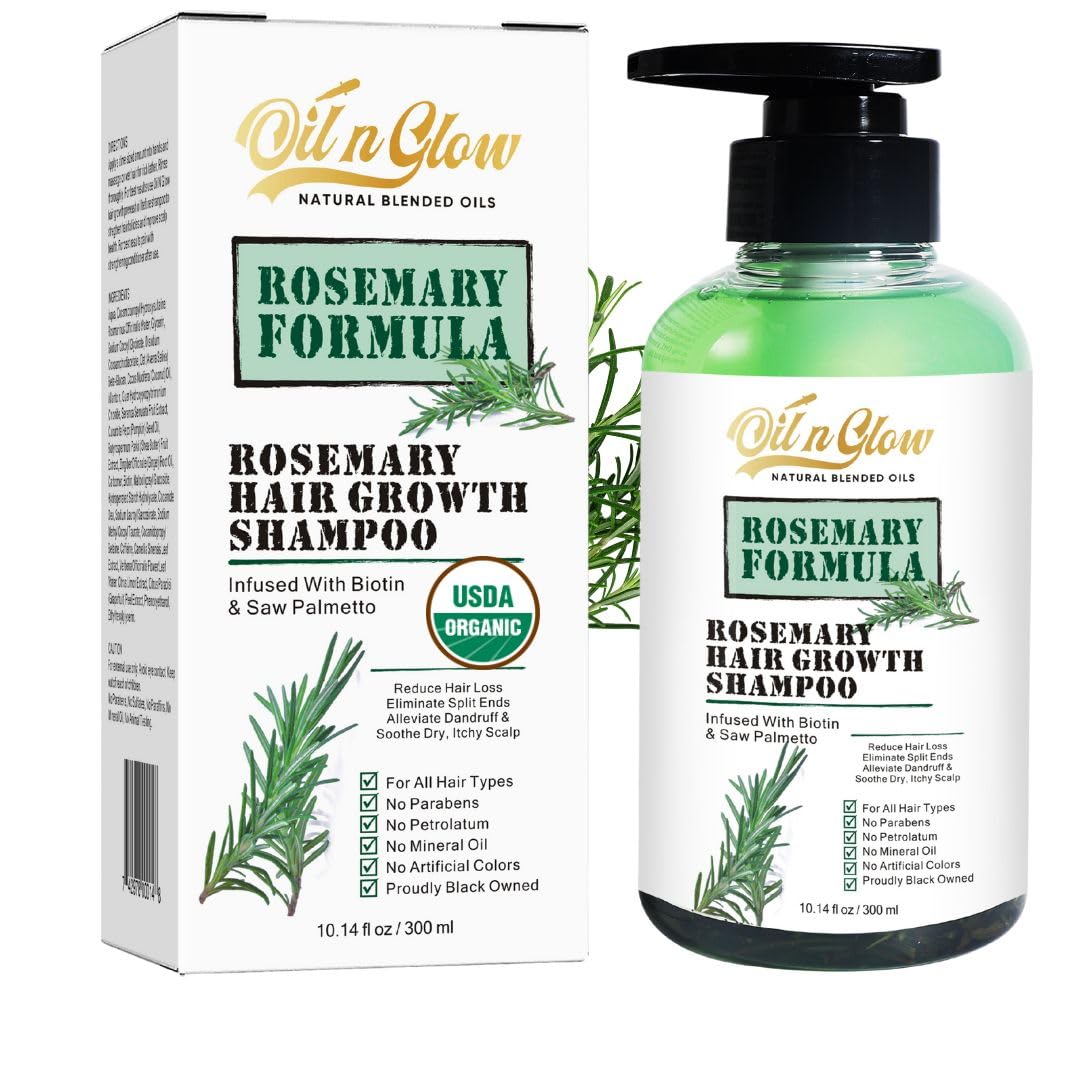 OilnGlow rosemary shampoo bottle—organic formula for thicker, fuller hair.
