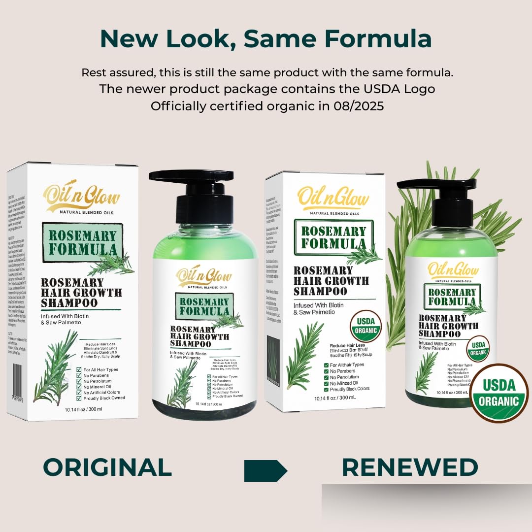 OilnGlow rosemary shampoo label—USDA Organic certification indicating clean ingredients.