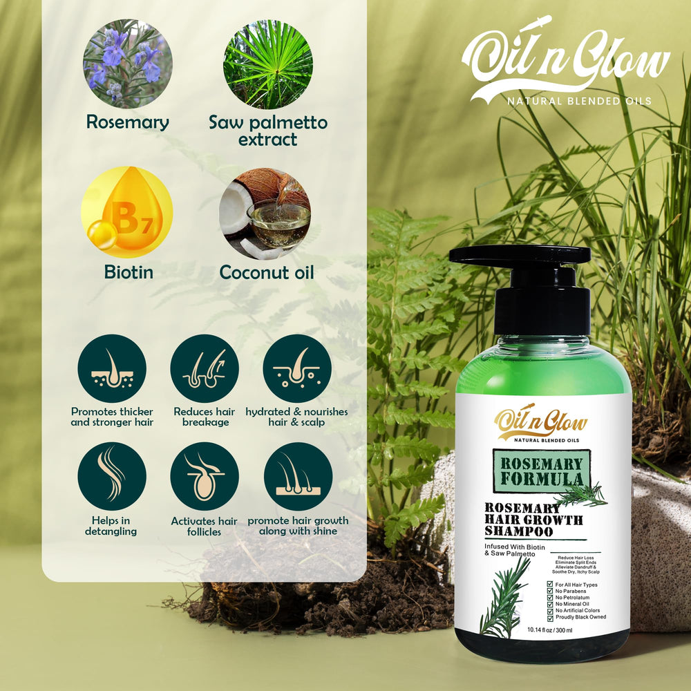 OilnGlow rosemary shampoo pump—easy, controlled dispensing for daily use.