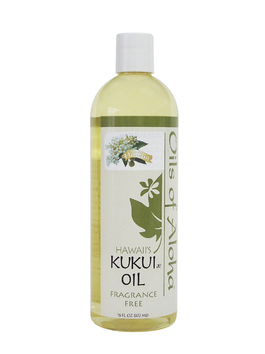 Oils of Aloha Kukui Nut Oil bottle pouring, quick absorption and silky finish.