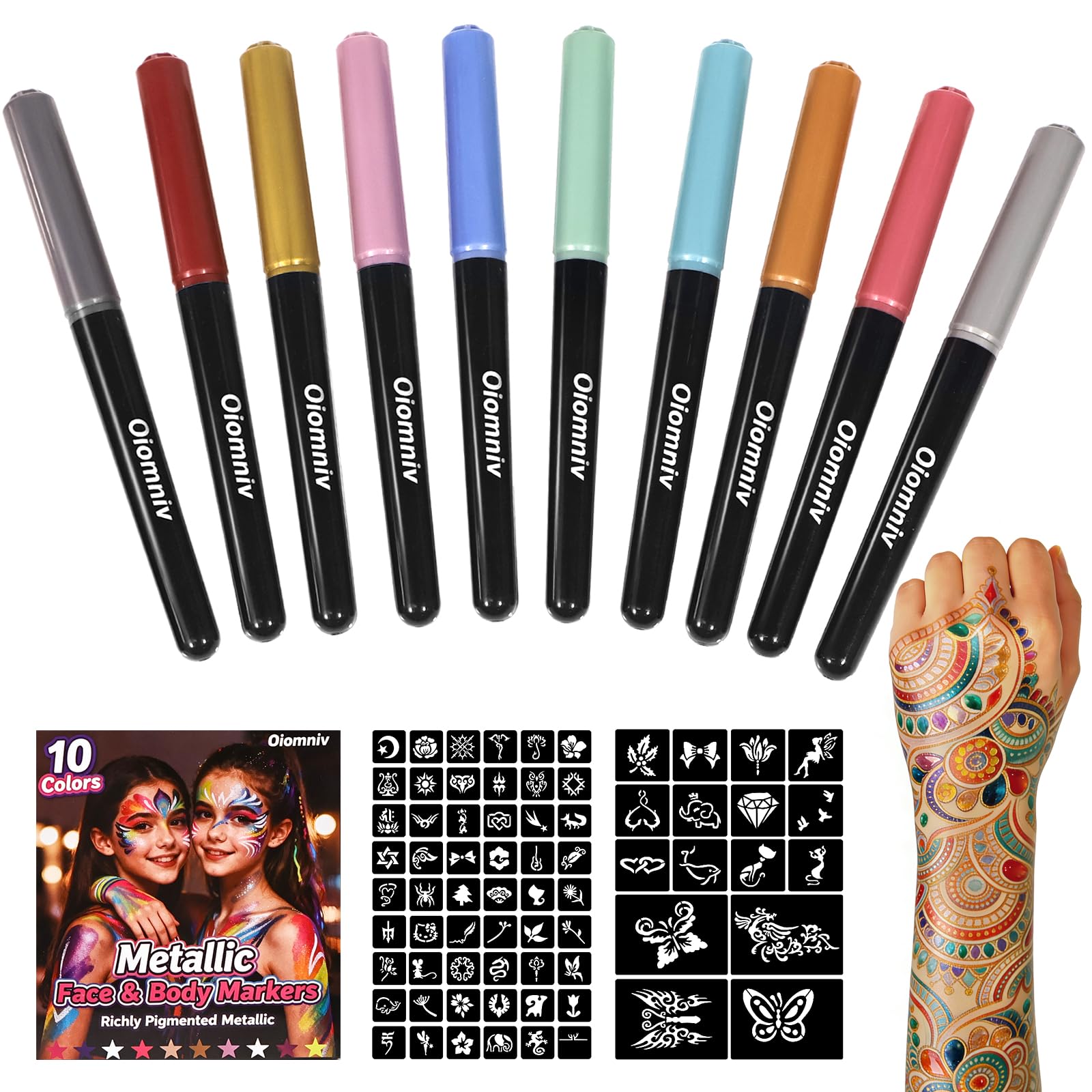 Oiomniv temporary tattoo markers set shown in product display for creative planning.