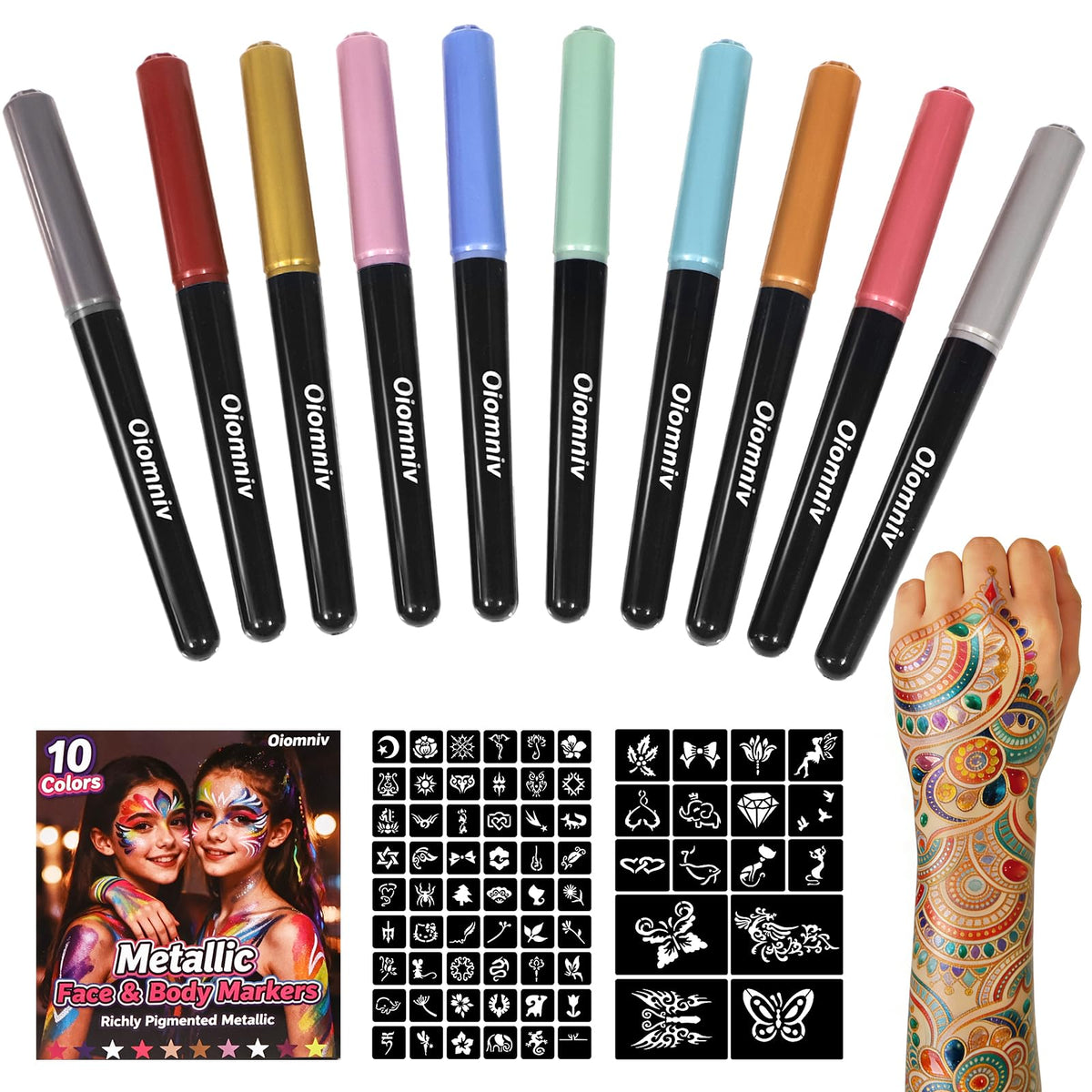 Oiomniv temporary tattoo markers set shown in product display for creative planning.