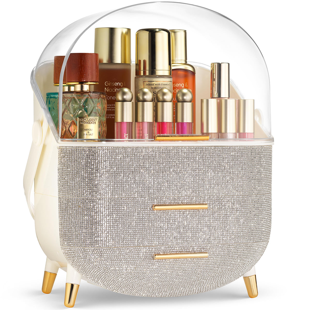 Oizeir covered makeup countertop with clear lid showcasing organized cosmetics.