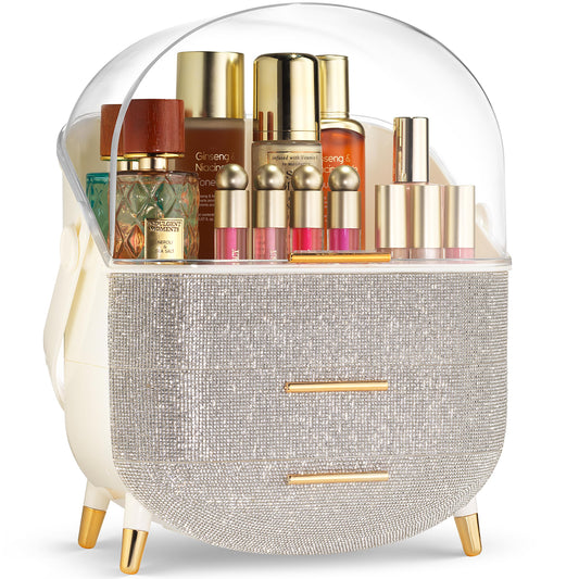Oizeir covered makeup countertop with clear lid showcasing organized cosmetics.
