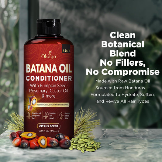 Okaga Batana Oil Conditioner bottle pour shot showing light, even distribution