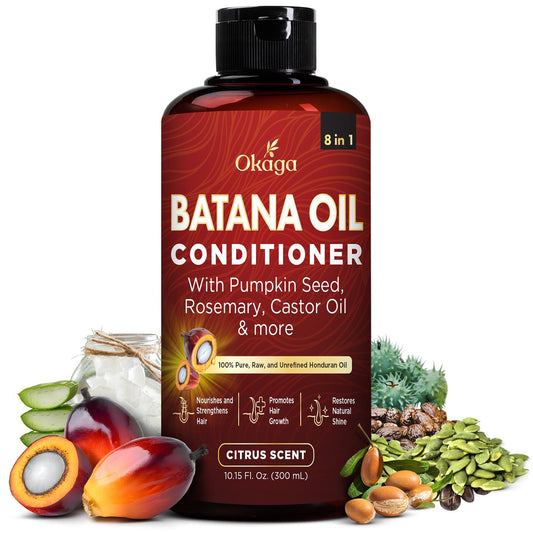 Okaga Batana Oil Conditioner bottle delivers lightweight hydration for daily softness and manageability.