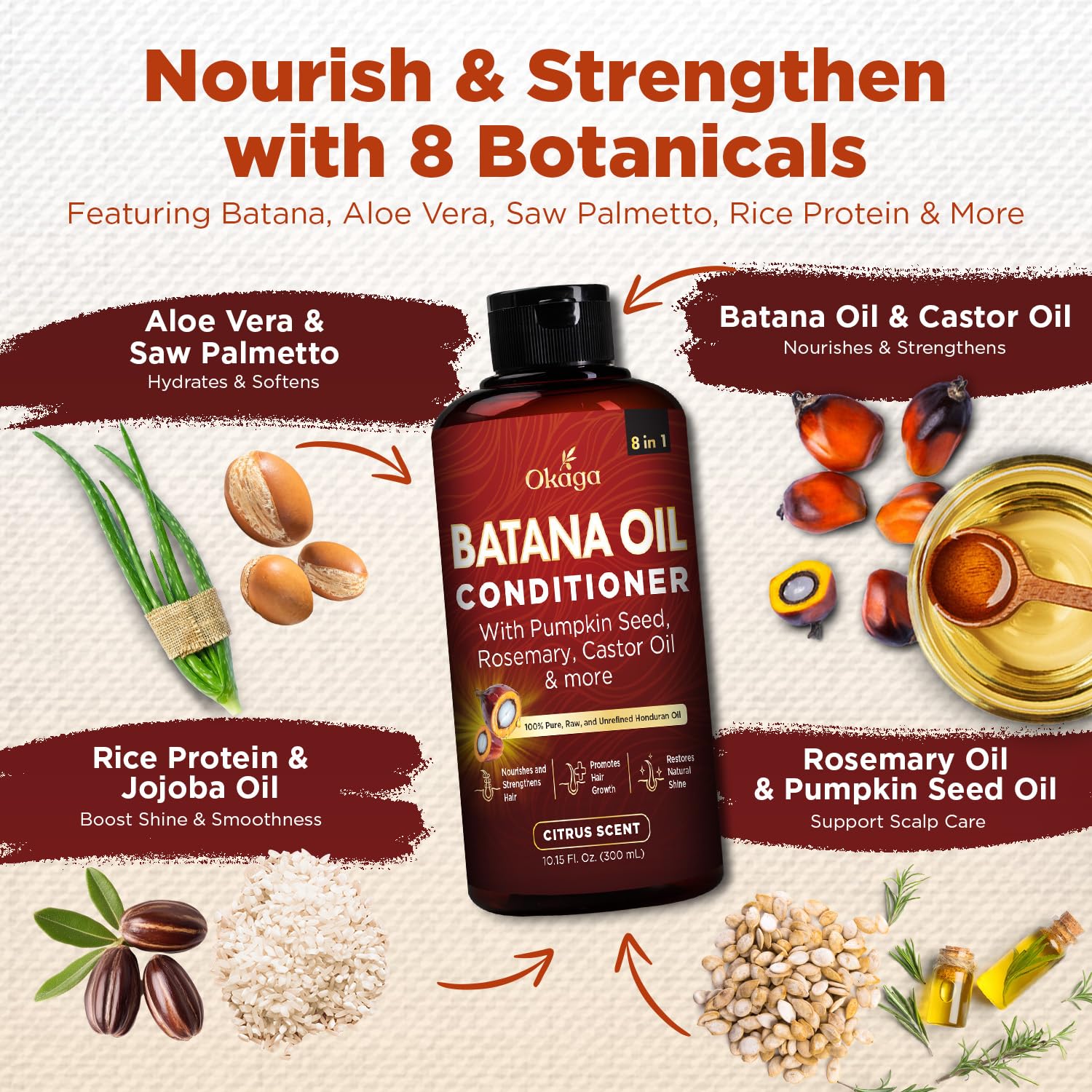Okaga Batana Oil Conditioner texture closeup highlights smooth, frizz-reducing formula.