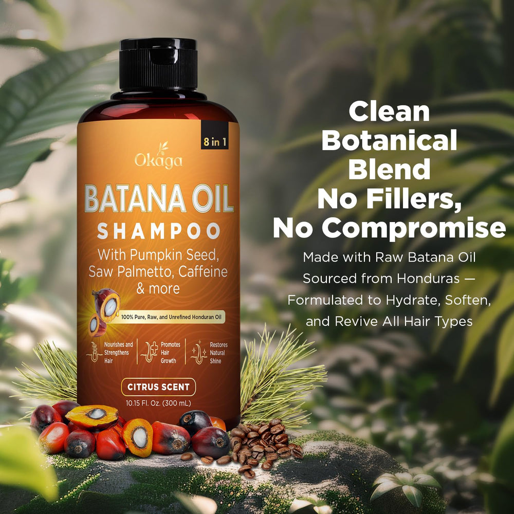 Okaga Batana Oil Shampoo label closeup highlighting the 8-in-1 formula