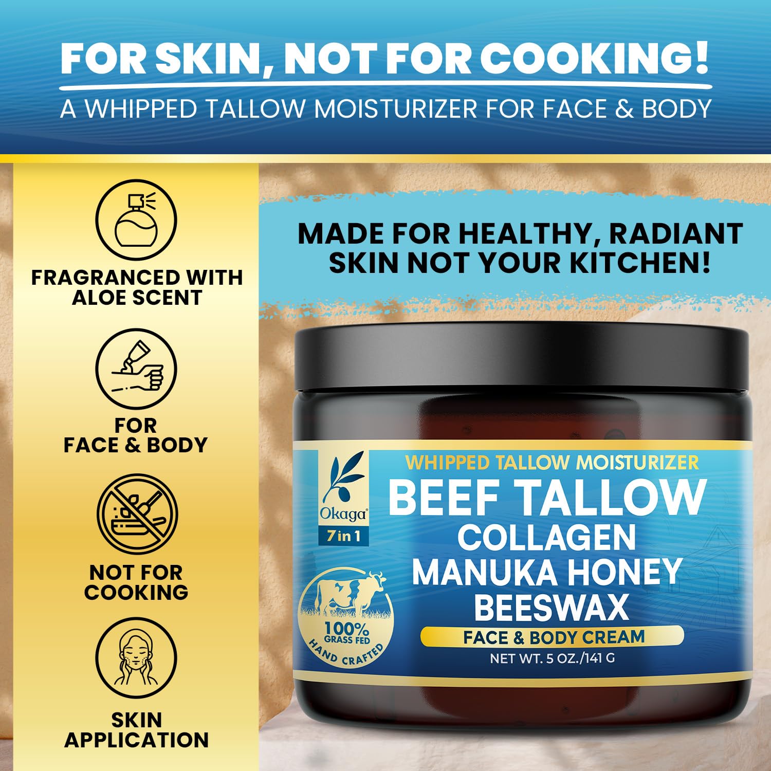 Okaga Beef Tallow Balm ingredients panel highlights Manuka honey and Aloe