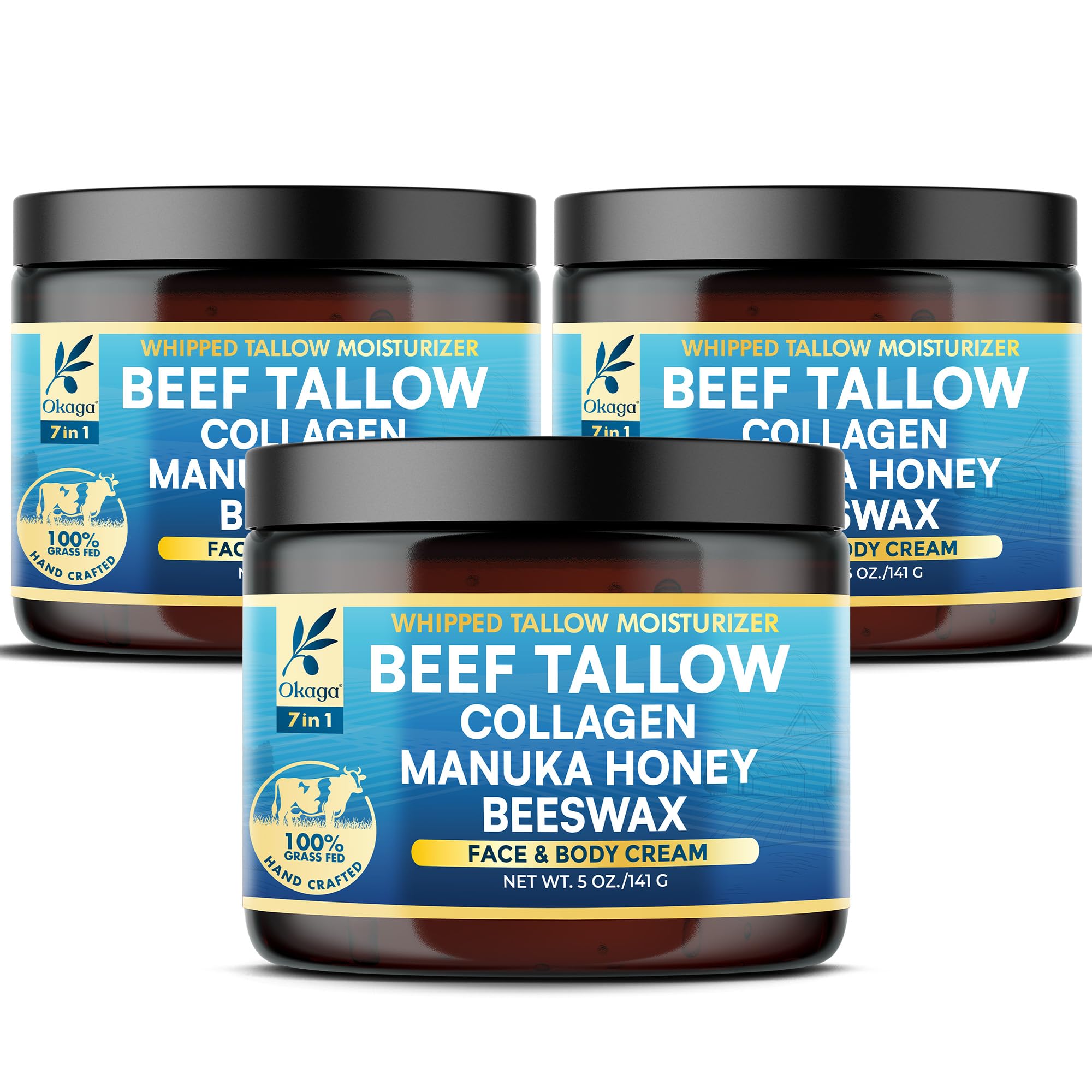 Okaga Beef Tallow Balm jar closeup shows creamy texture for quick absorption