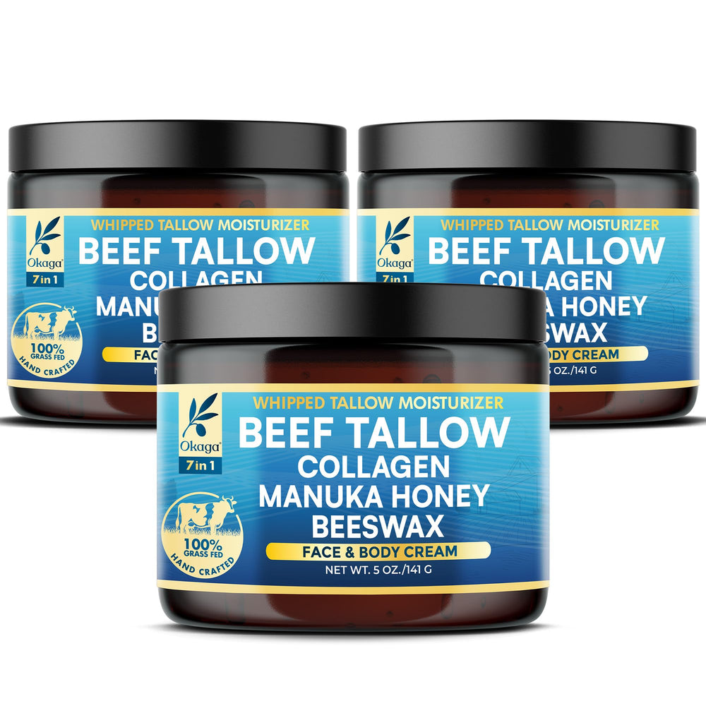 Okaga Beef Tallow Balm jar closeup shows creamy texture for quick absorption