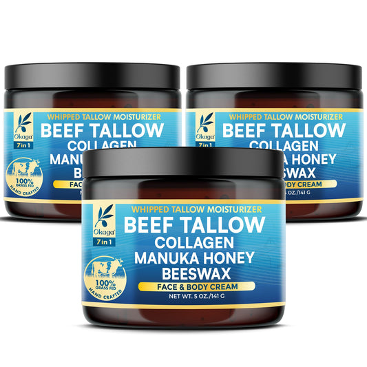 Okaga Beef Tallow Balm jar closeup shows creamy texture for quick absorption