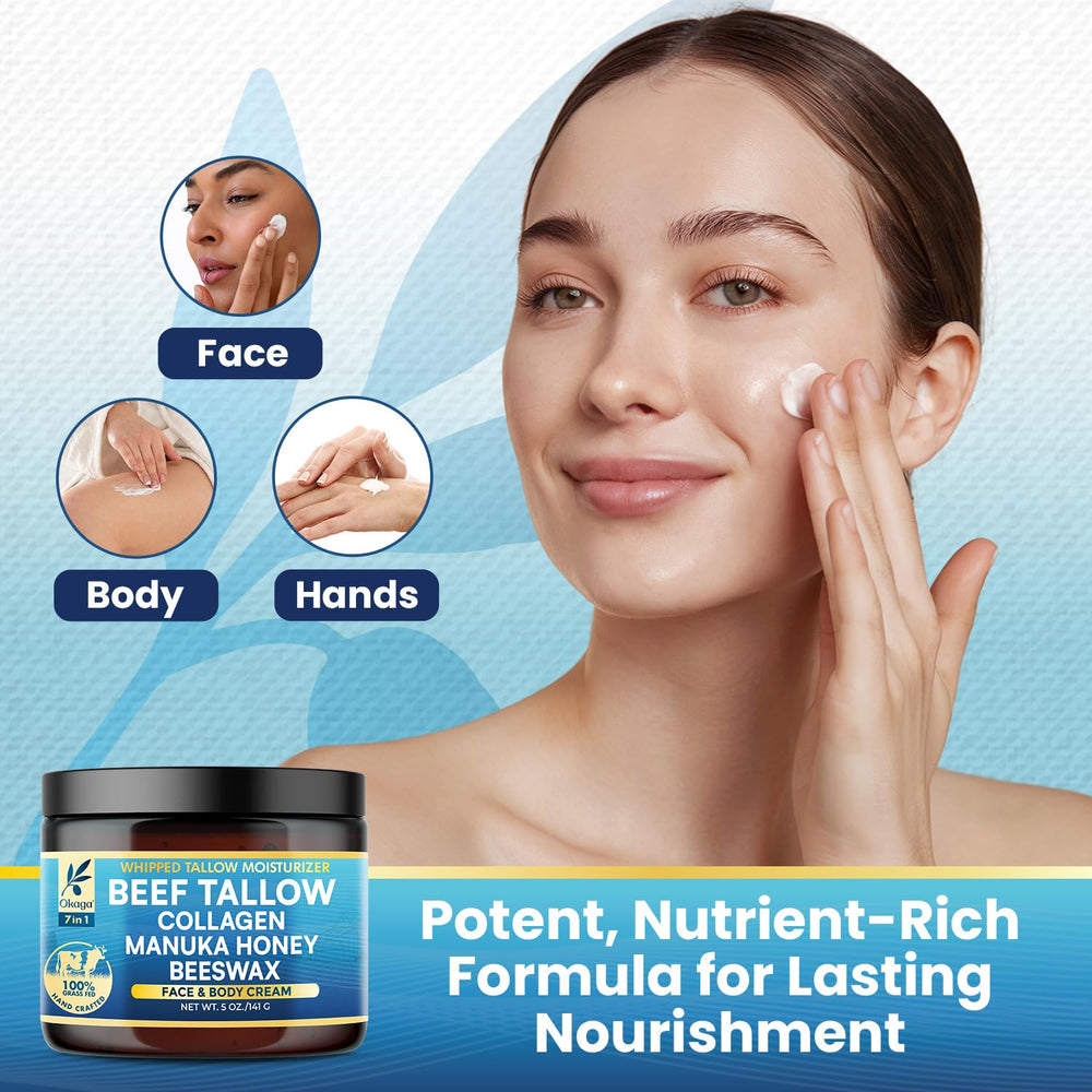Okaga Beef Tallow Balm lip application provides soothing moisture