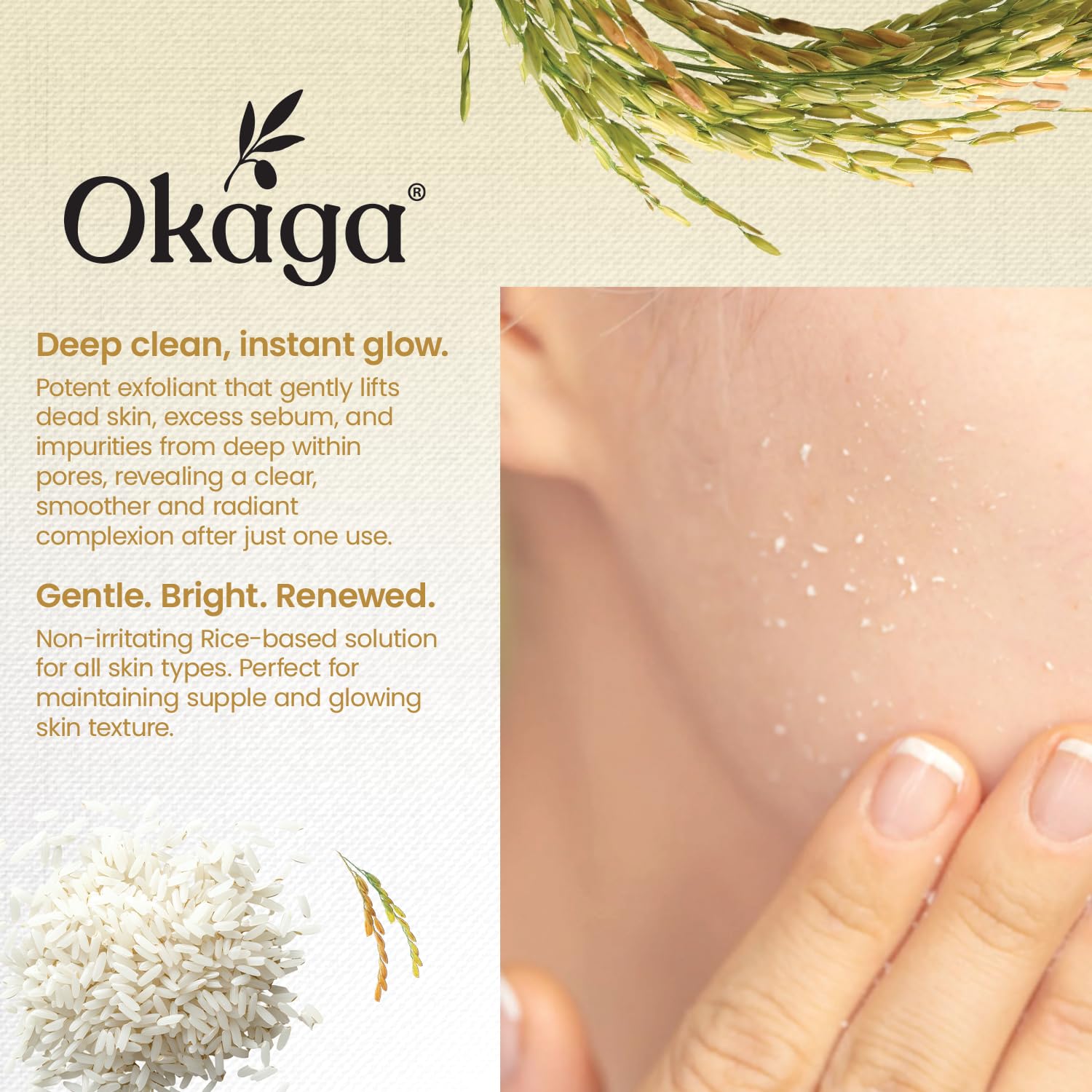 Okaga Ferment enzyme feature close-up emphasizes gentle cell renewal.