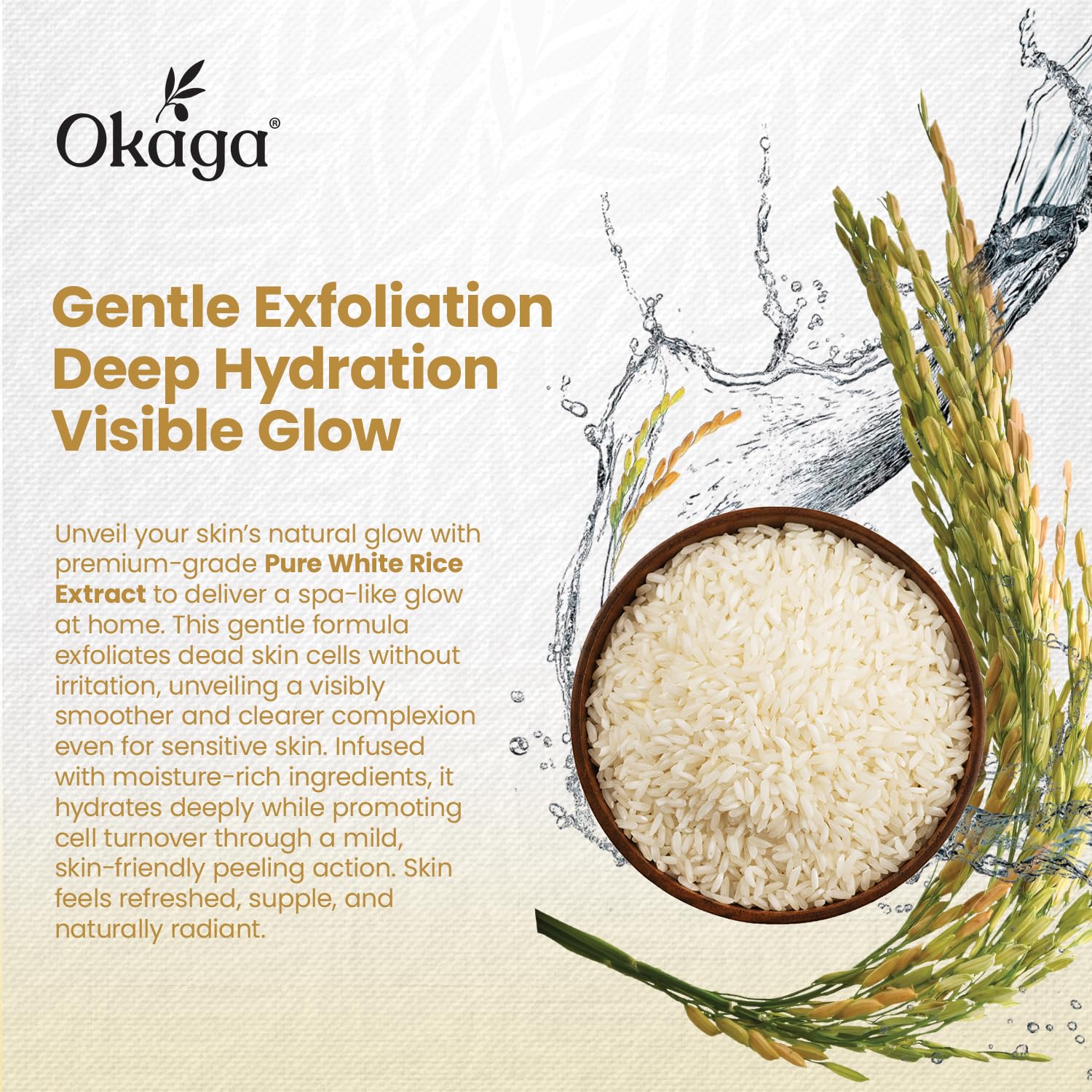 Okaga Hyaluronic acid hydration detail shows deep moisture boost on skin.