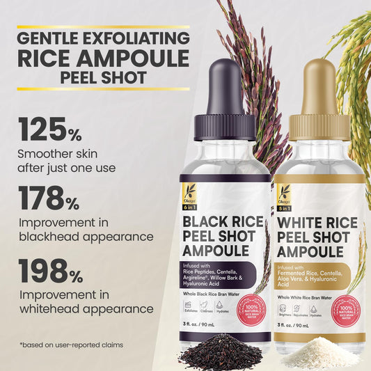 Okaga Black Rice Peel Shot ampoule for weekly refining and pore clarity.
