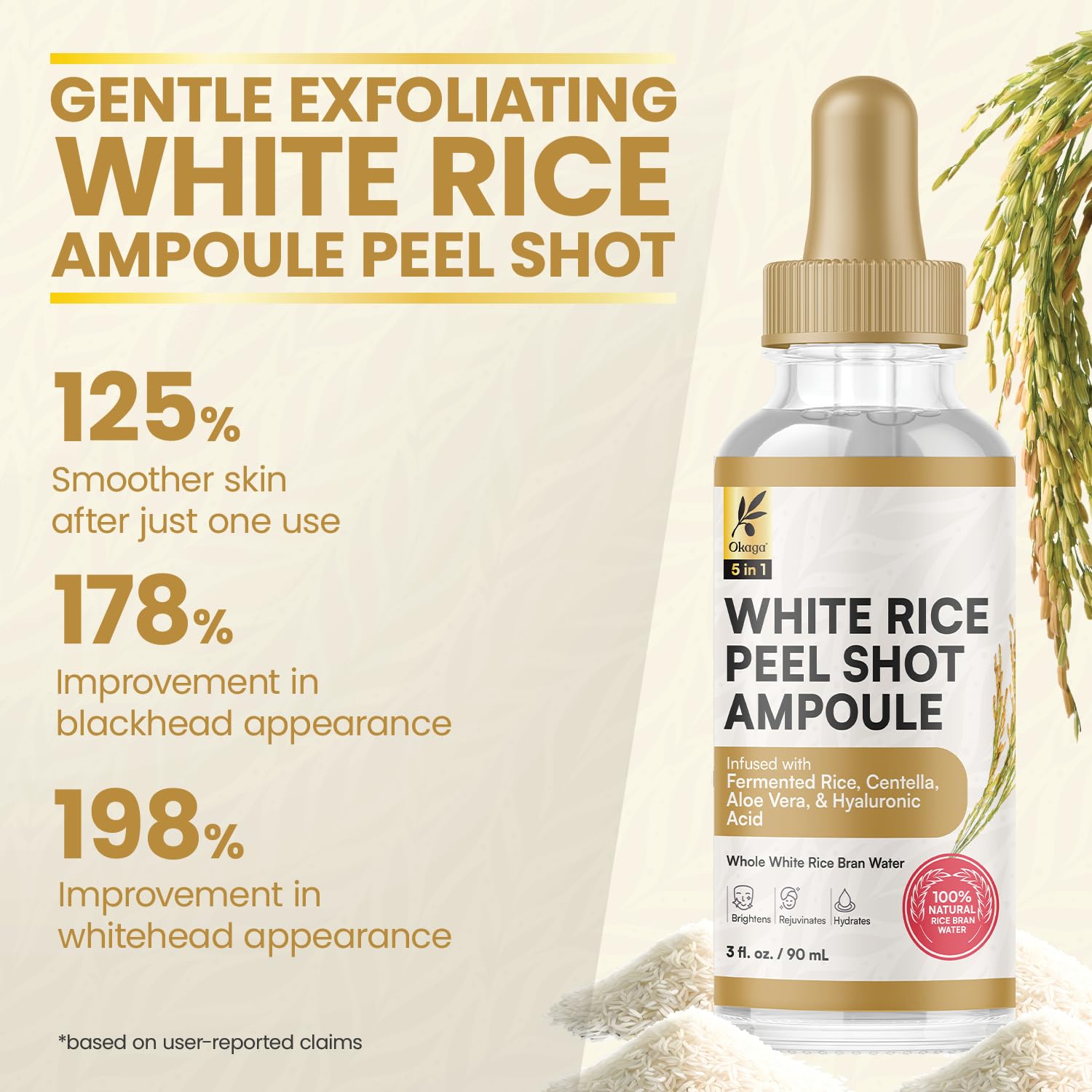 Okaga Rice Peel Shot Ampoule bottle close-up highlighting soothing formula and glow.