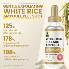 Okaga Rice Peel Shot Ampoule bottle close-up highlighting soothing formula and glow.