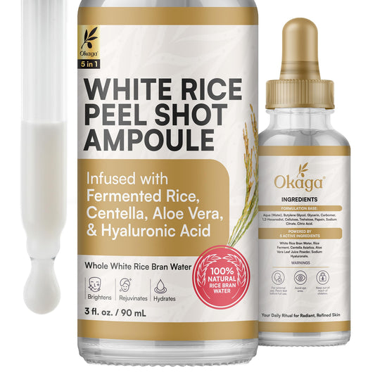 Okaga Rice Peel Shot Ampoule packaging for gentle daily exfoliation routine.