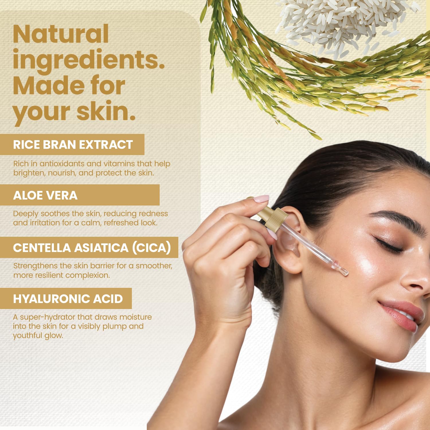 Okaga Rice Water Nourishment bottle highlights natural nutrients for balanced skin.