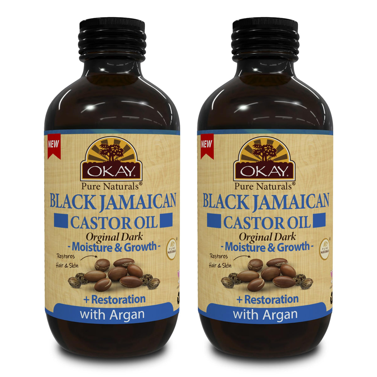 OKAY Black Jamaican Castor Oil bottle with Argan for hair and skin care.