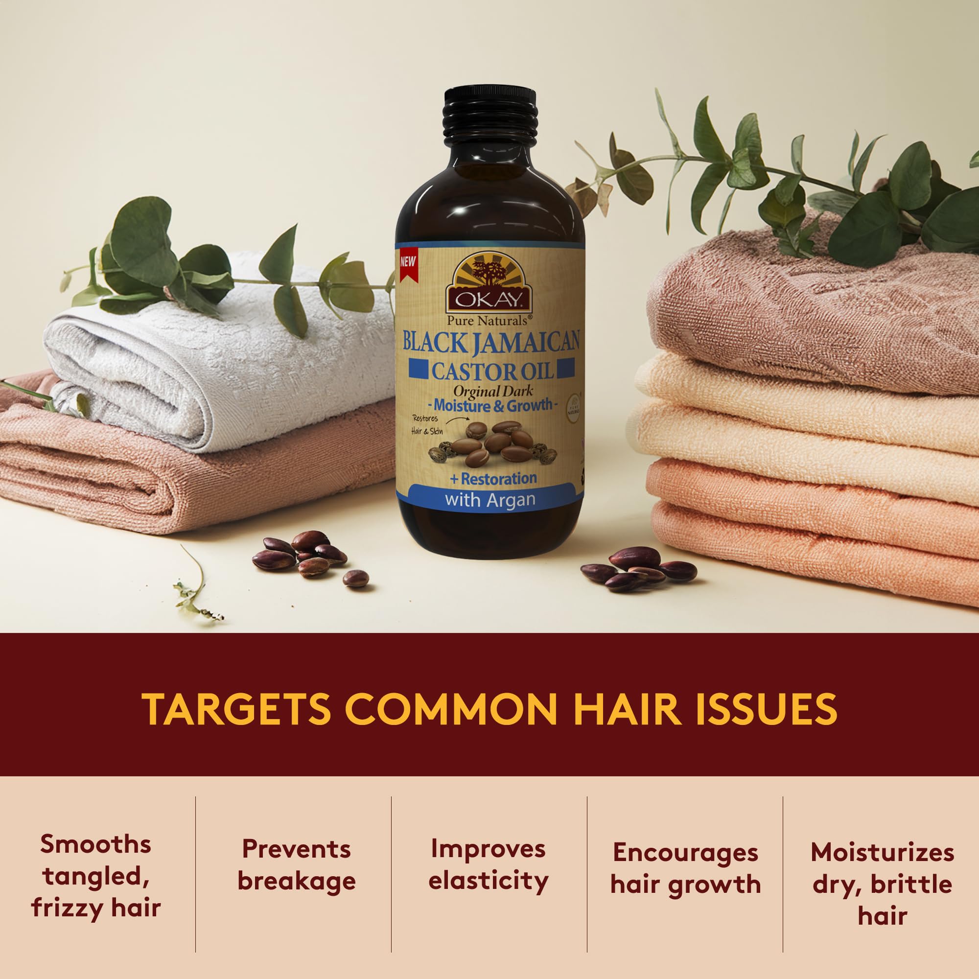 OKAY Castor Oil with Argan leave-in treatment for shine and manageability.
