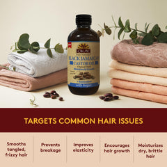 OKAY Castor Oil with Argan leave-in treatment for shine and manageability.