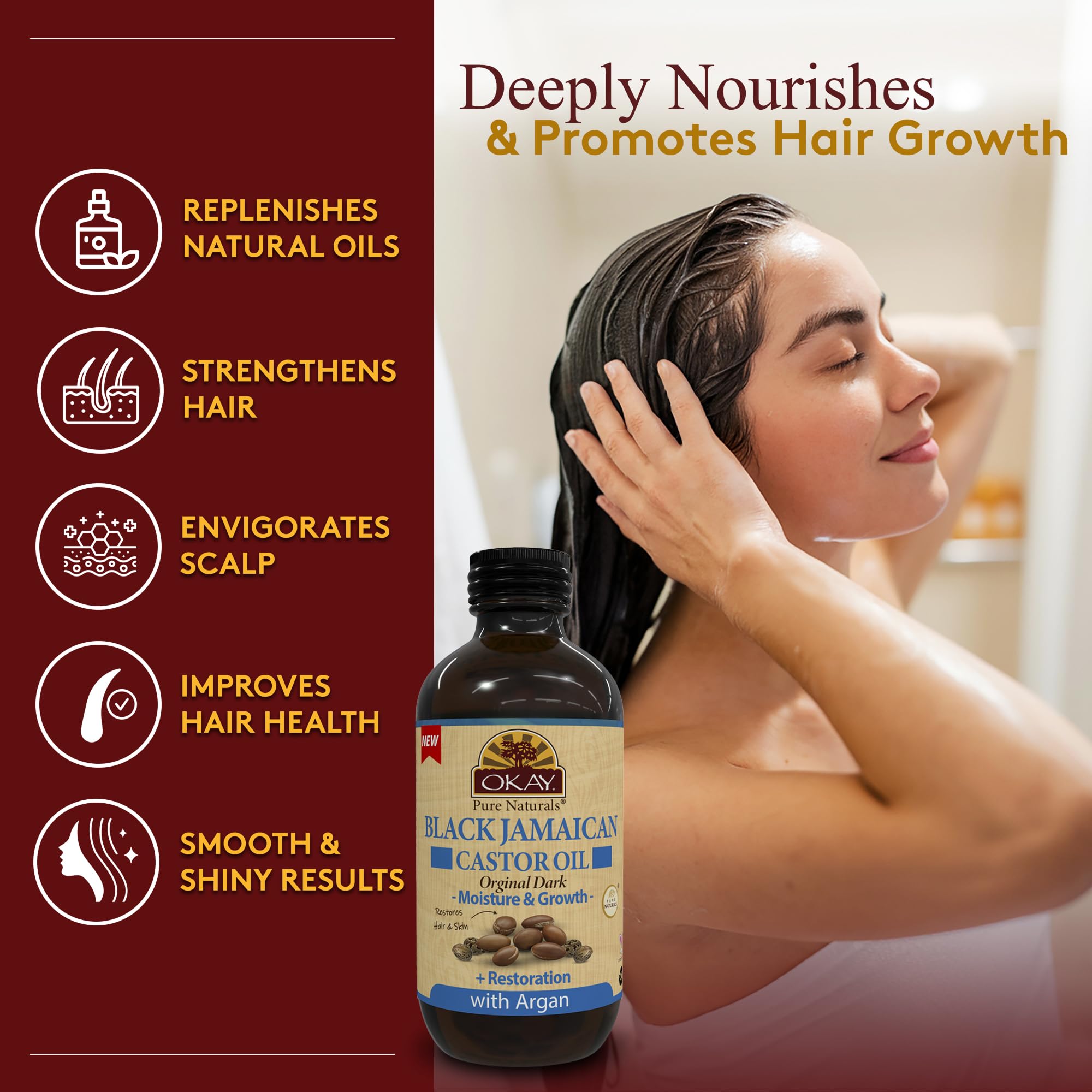 OKAY Jamaican Castor Oil with Argan for hair conditioning and growth-support routines.