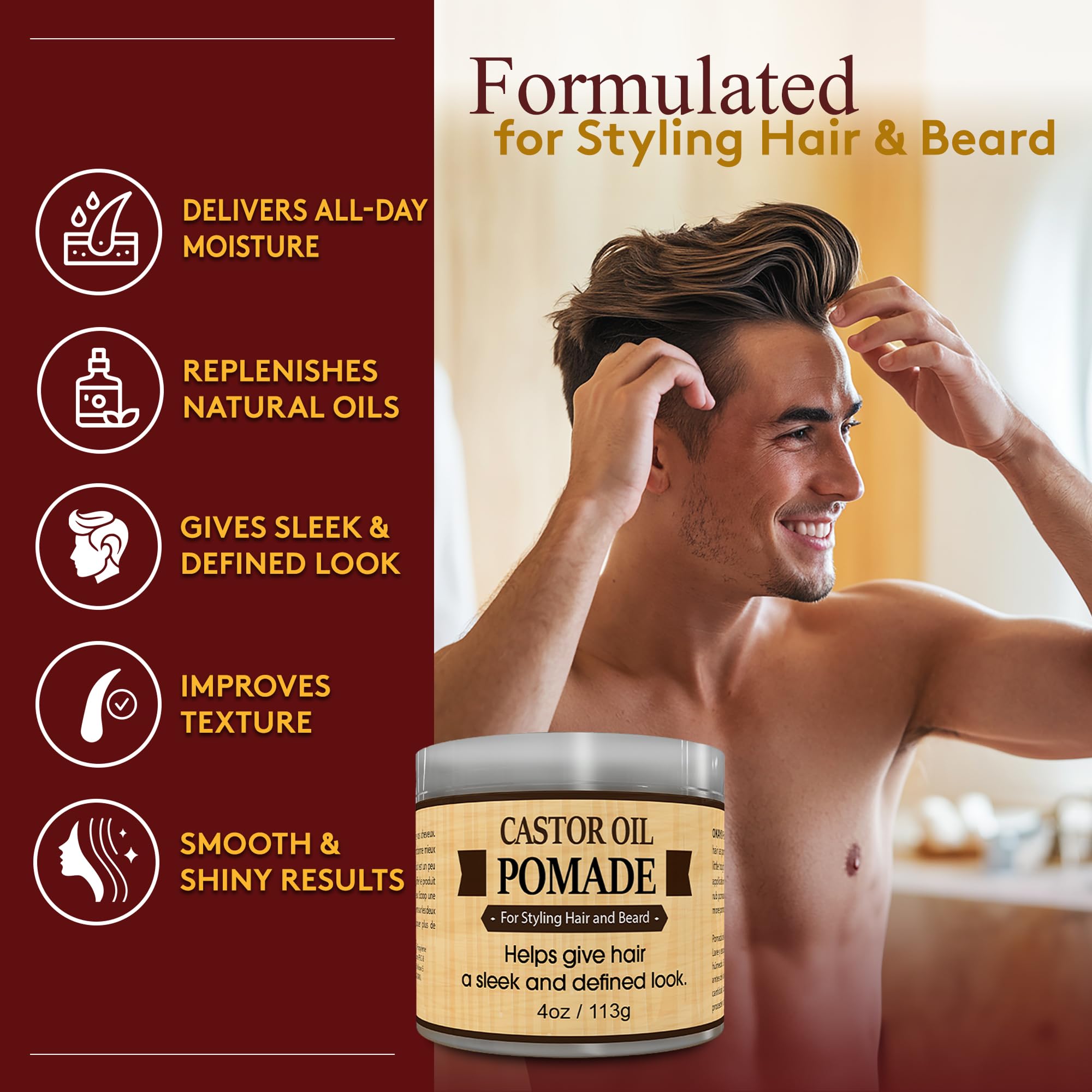 OKAY MEN castor oil pomade applied to hair for nourishing hold and moisture.