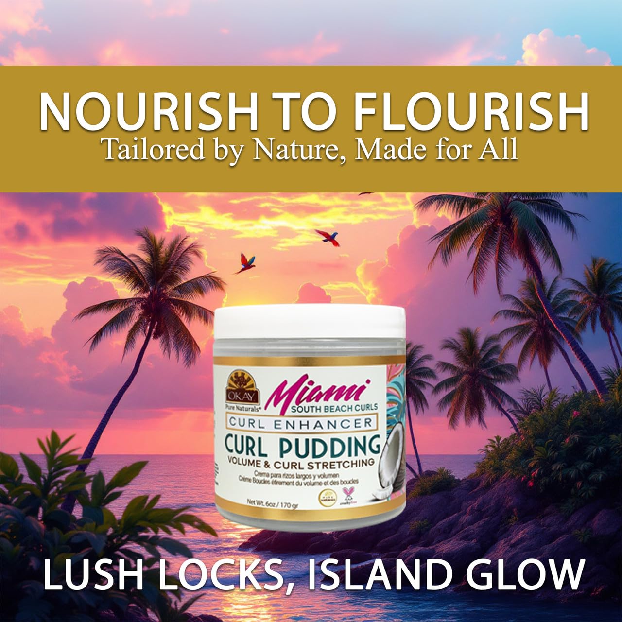 OKAY Miami South Beach Curl Pudding jar shows creamy texture on damp hair.
