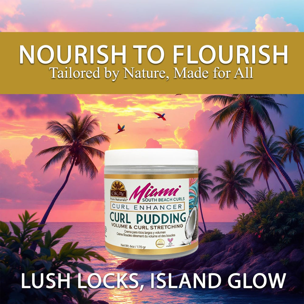 OKAY Miami South Beach Curl Pudding jar shows creamy texture on damp hair.