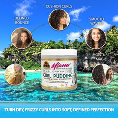 OKAY Miami South Beach Curl Pudding on model’s curls delivers smooth definition.