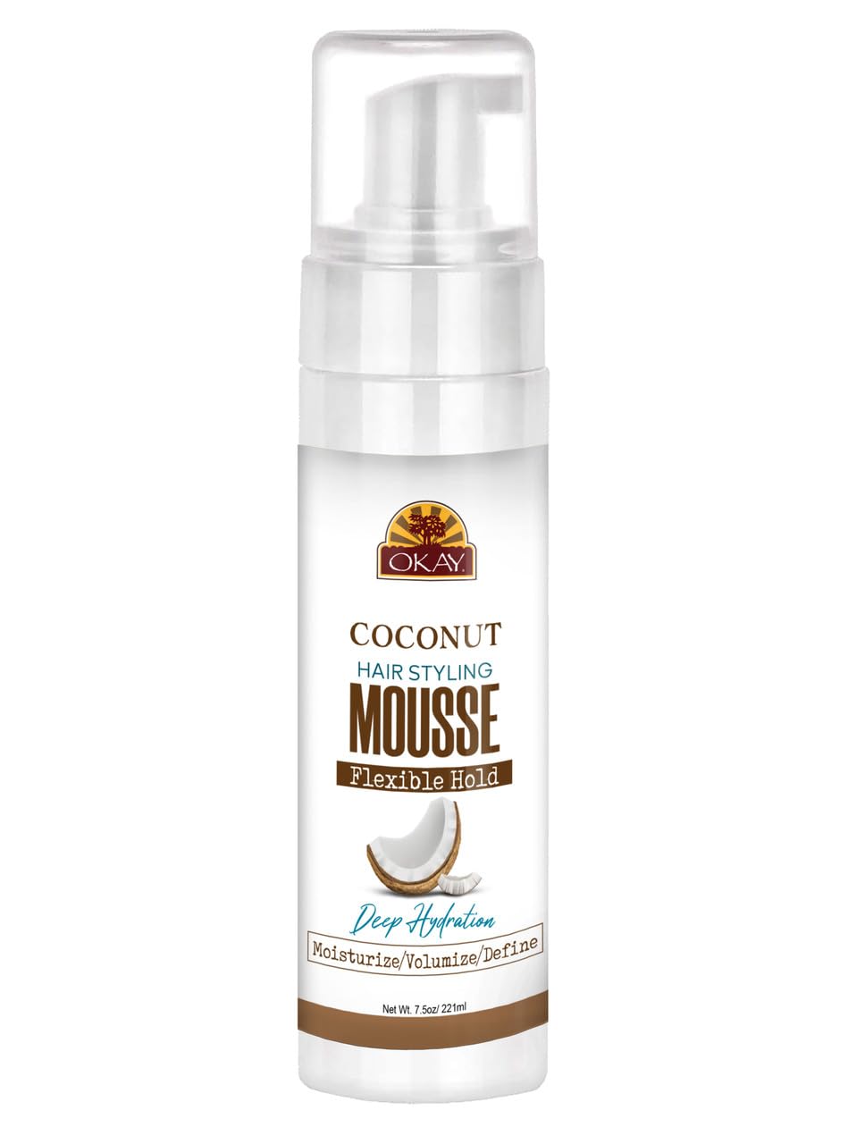 Okay Mousse Extra Hold Coconut bottle for easy dispensing and quick styling