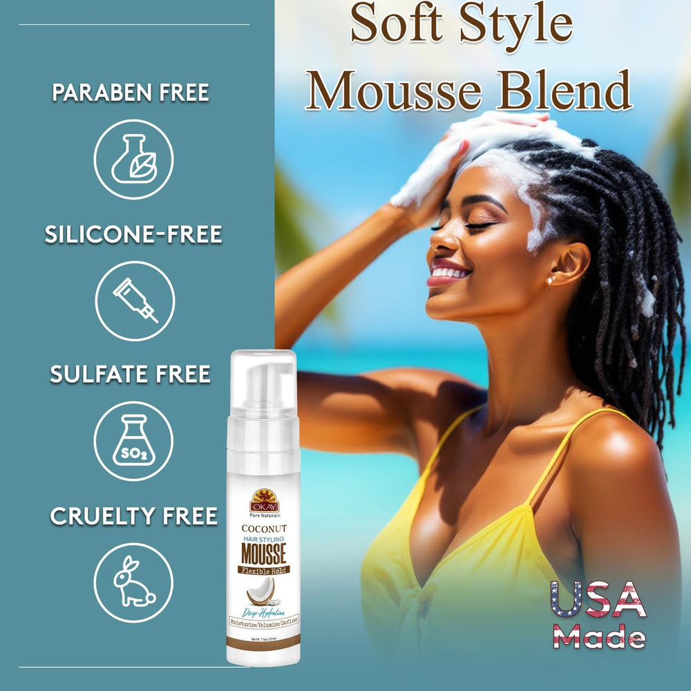 Okay Mousse Extra Hold Coconut hair application scene for defining waves