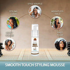 Okay Mousse Extra Hold Coconut styled hair with frizz control and lasting shape