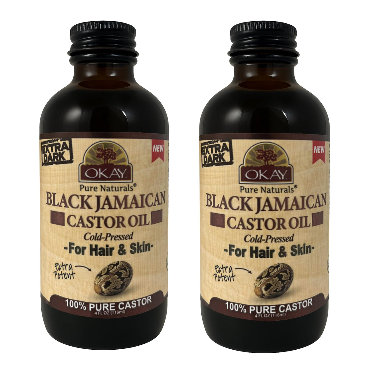 OKAY Pure Naturals Extra Dark Castor Oil bottle close-up for hair nourishment and scalp hydration