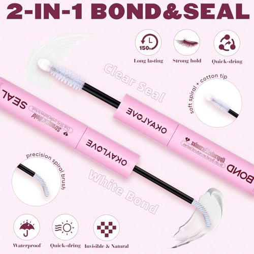 OKAYLOVE Bond brush application shows precise, mess-free lash extension adhesion.
