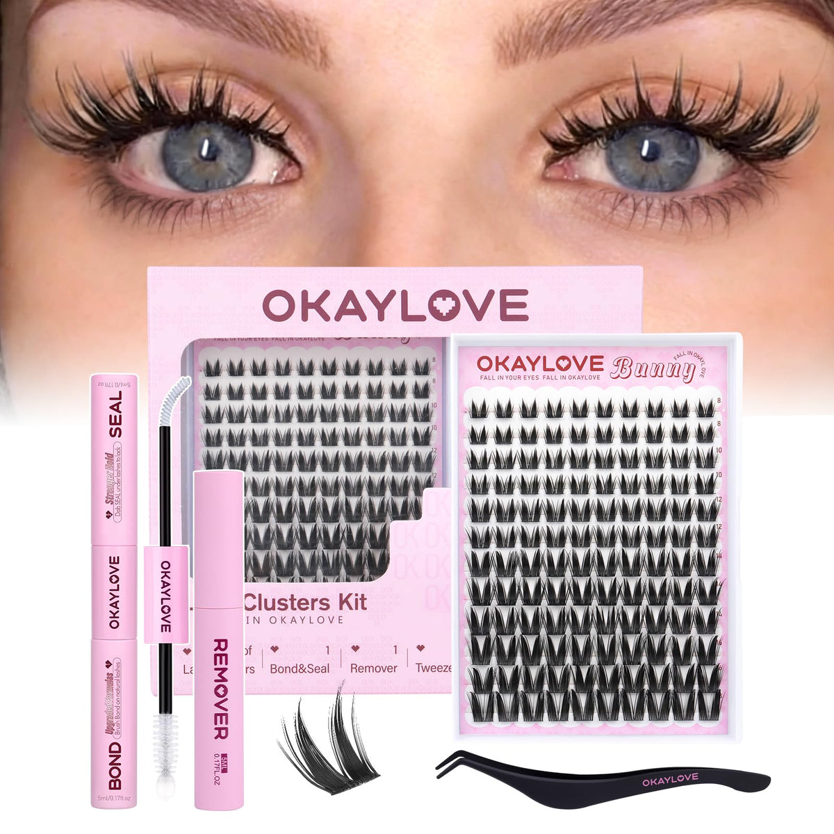 OKAYLOVE Bunny Lash Clusters Kit packaging for easy at-home styling
