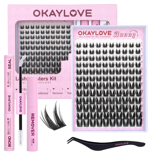 OKAYLOVE Bunny Lash Clusters Kit with bunny-ear design for playful anime-inspired eyes.