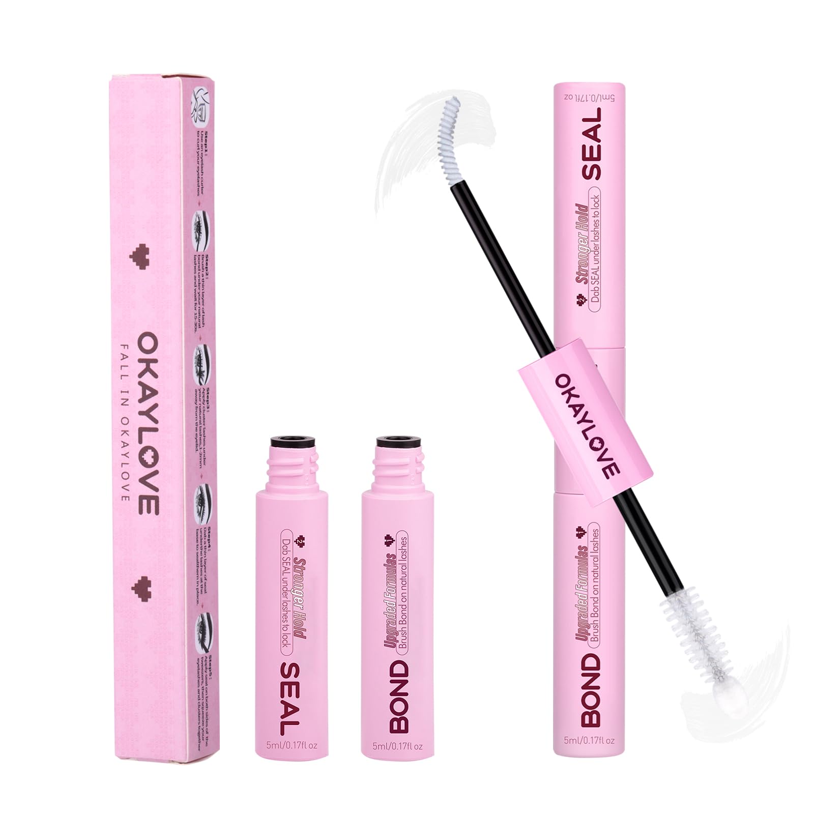 OKAYLOVE Lash Cluster Glue bottle demonstrates a quick, strong bond for natural-looking lashes.