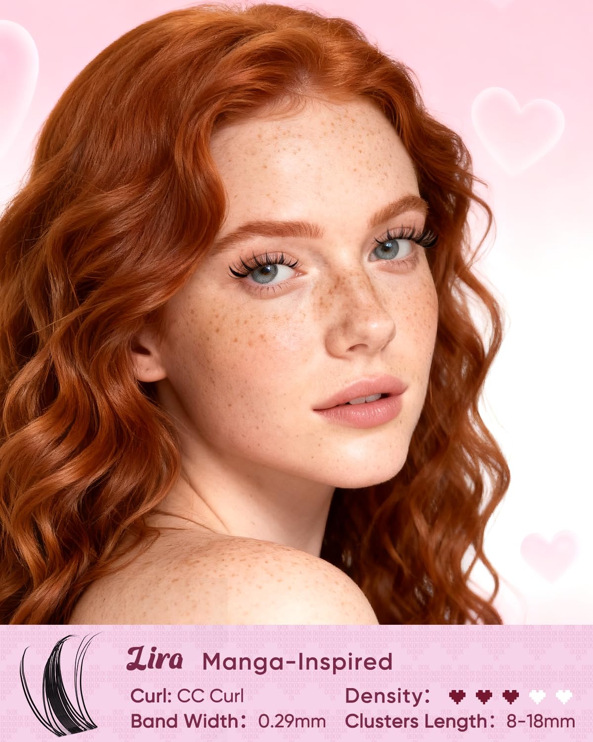OKAYLOVE manga lash clusters; light, feathered spikes for a playful yet refined eye look.
