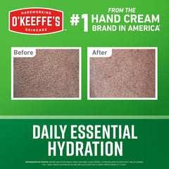 Close-up of O'Keeffe's bottle label showing unscented, skin-friendly formula.