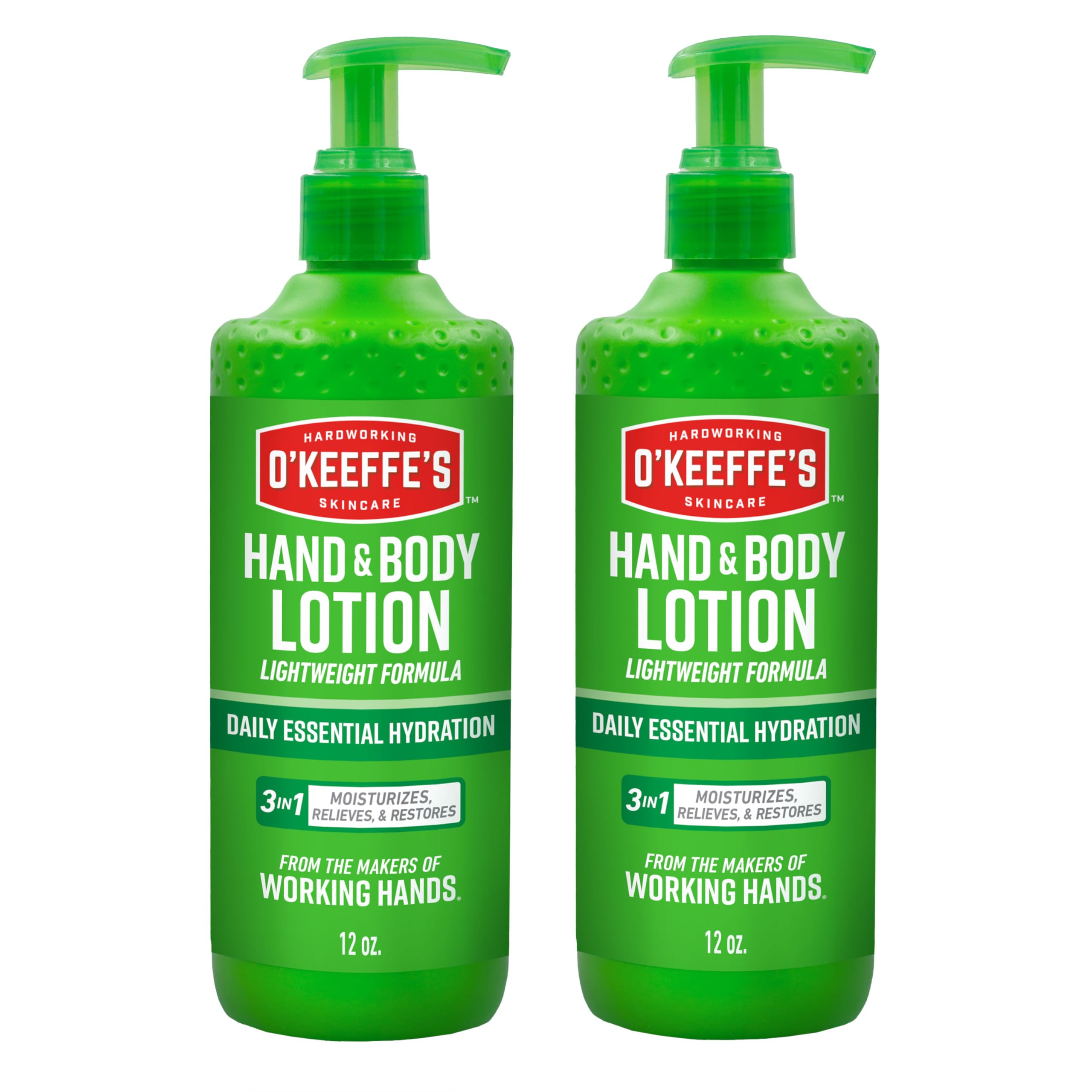 O'Keeffe's Hand and Body Lotion pump bottle on countertop provides instant relief and 48-hour hydration.